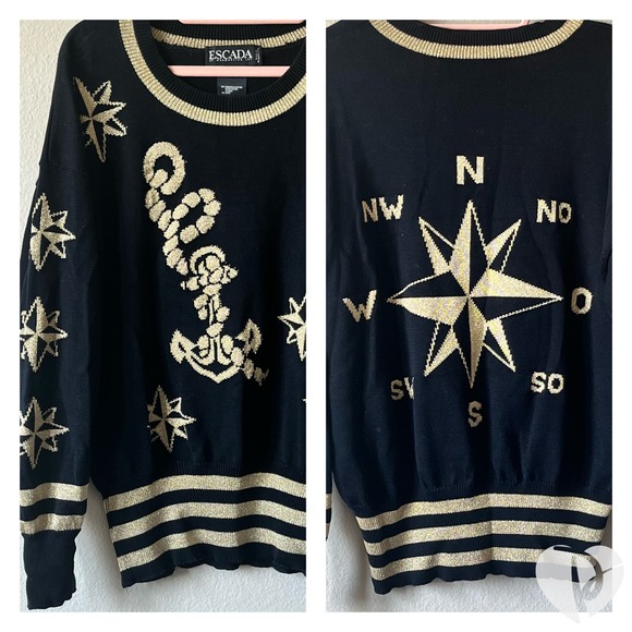 Vintage Retro ESCADA Nautical Sweater Anchor Star Compass Navy Blue Size 42/12 - Picture 1 of 8